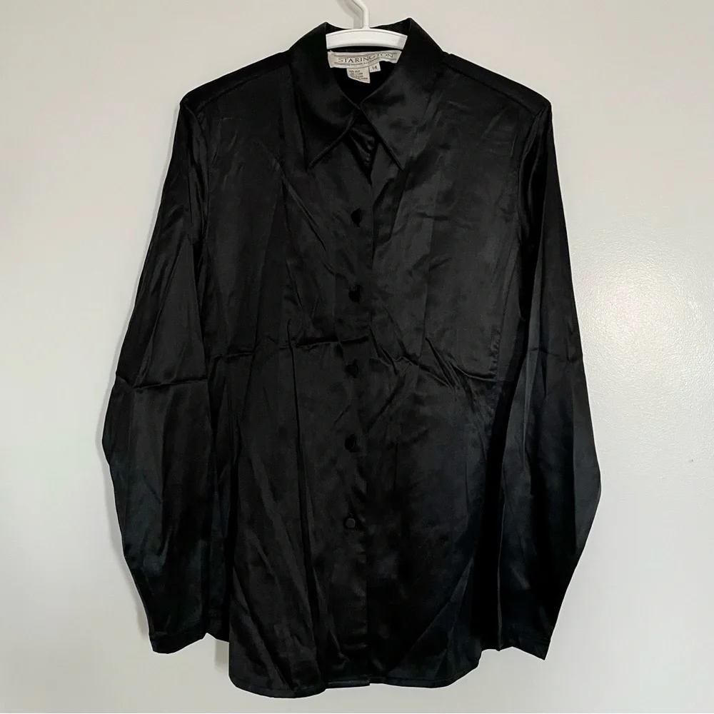 Starington Blouses by Charlotte Black Silk Button-Down Shirt Size 14 (10-12) - Picture 3 of 11
